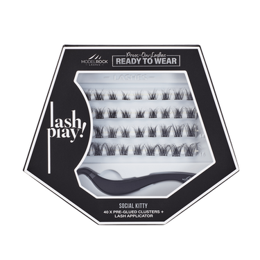 LASH PLAY Ready to Wear Pre-Glued Box Set - 'SOCIAL KITTY' - 40 x Cluster + Lash Applicator - Mixed Lengths